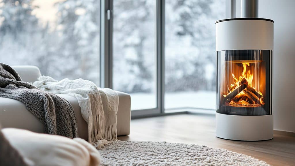 En brinnande kamin framför en soffa i ett rum med glasfönster längs med väggarna
